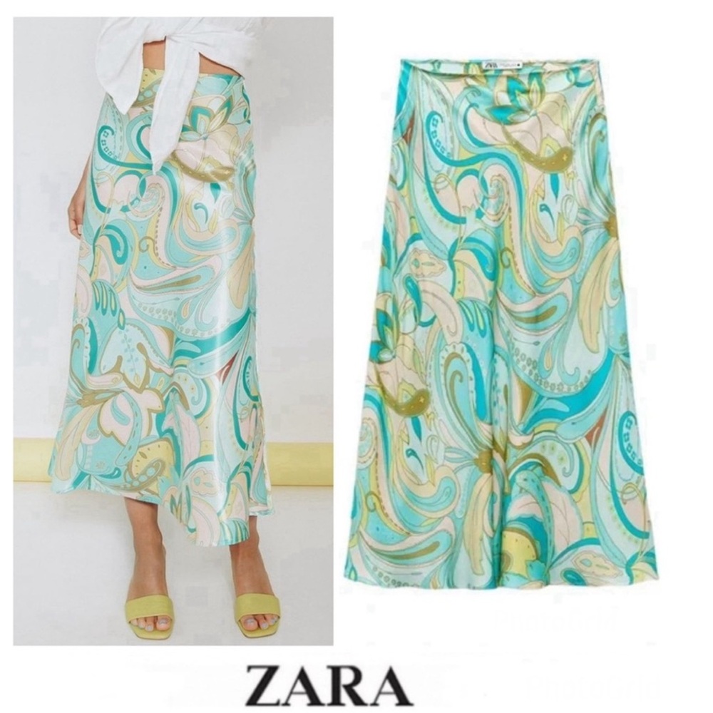 ZARA Sea Green Printed Multicolor A Line Midi Side Zip Skirt (Medium)